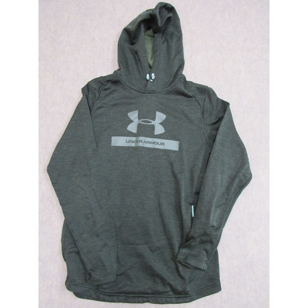 Under Armour Mens ColdGear Fitted Hoodie Green Heathered Logo Sweatshirt Medium - Picture 2 of 6